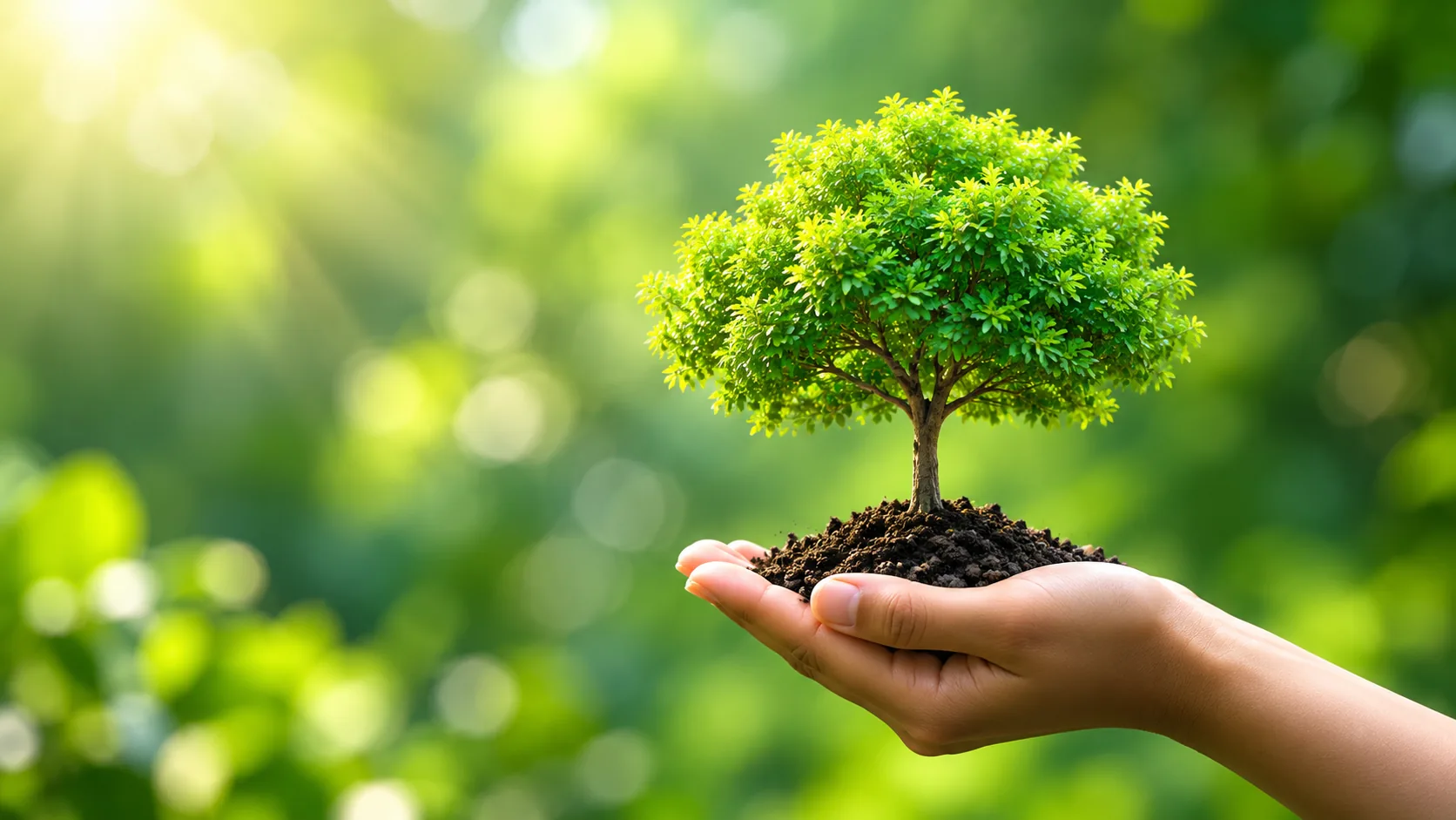 Hands holding a young plant, representing responsible textile manufacturing