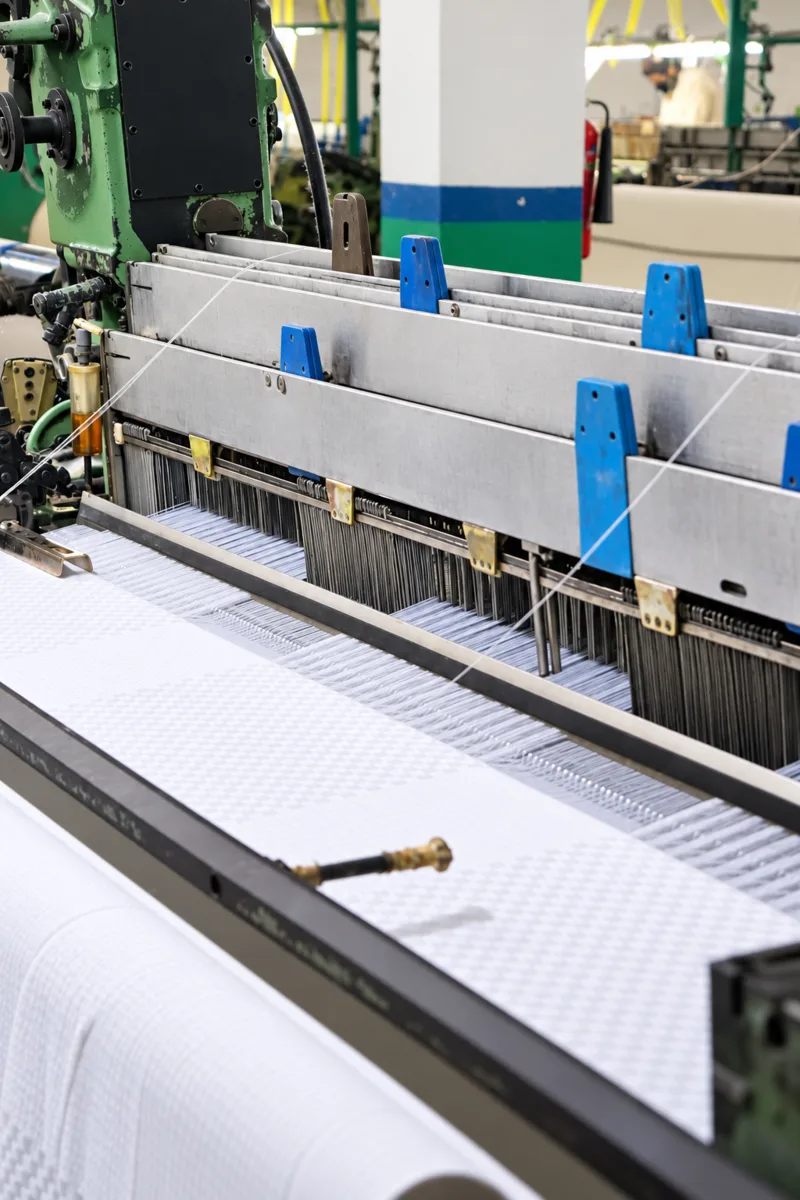 Textile weaving machinery with white yarn